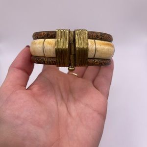 Vintage Chunky Brass Wood and Bovine Bone Inlay Cuff Bracelet Pin Closure